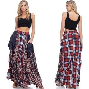 Damsel In Distress Patchwork Red Blue Plaid Maxi Skirt Festival Boho XL